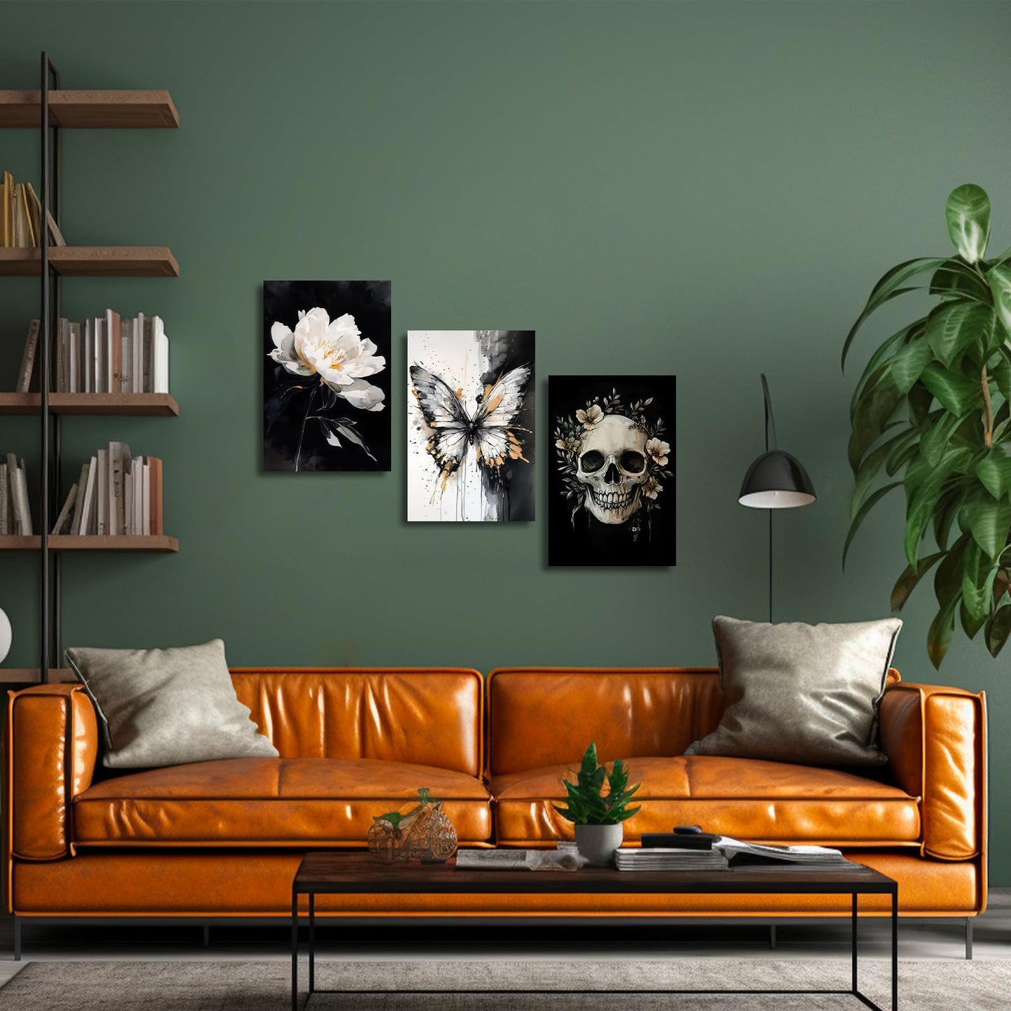 XLMDYYSW Skull Wall Art 3 Piece Black and White Gothic Pictures Skeleton and Flower Canvas Prints Abstract Butterfly Paintings for Bathroom Home Decor Framed (White, 12.00" x 16.00" x 3PCS)
