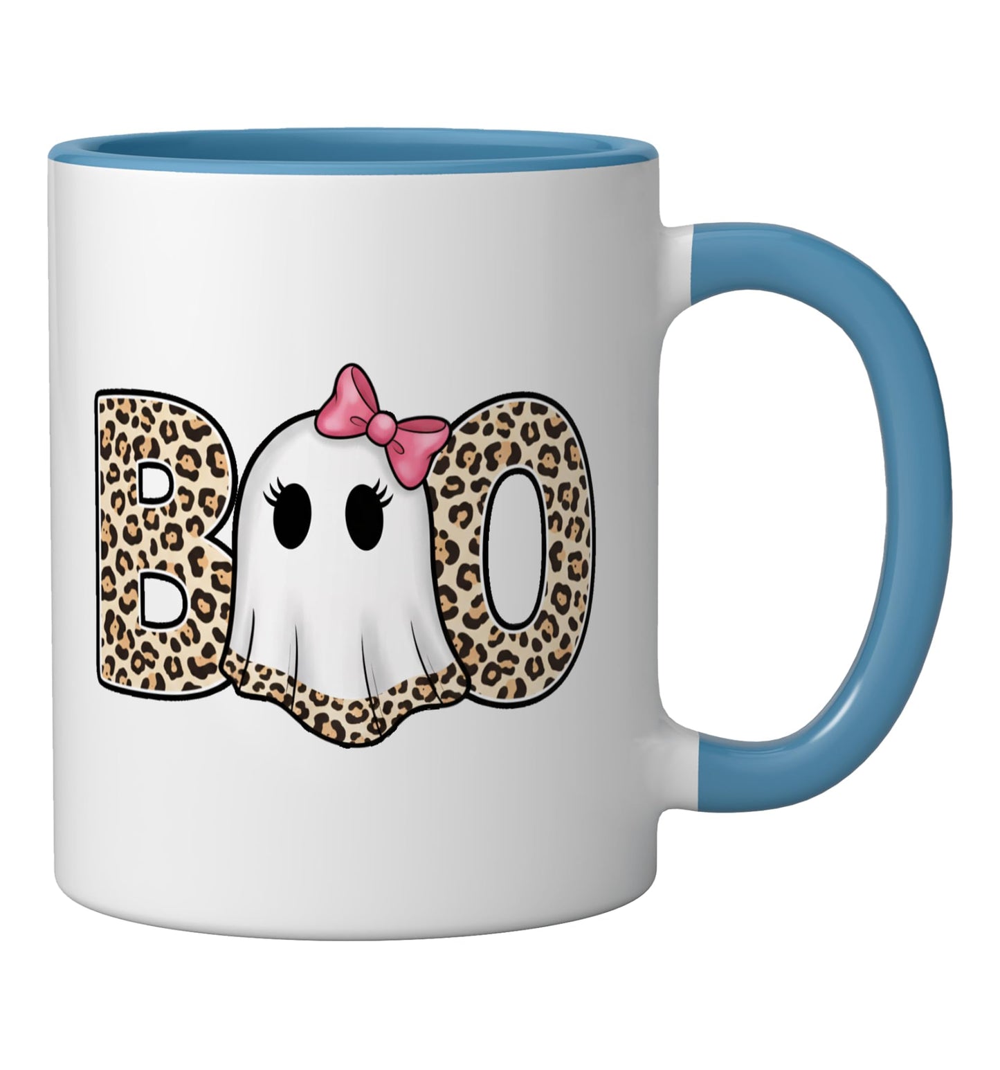 Halloween Boo Leopard Ghost Pink Bow Ceramic Mug, Blue/White