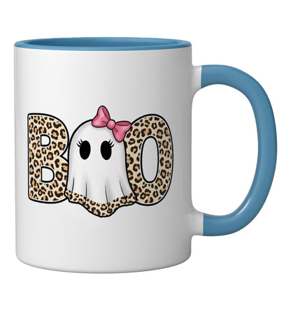 Halloween Boo Leopard Ghost Pink Bow Ceramic Mug, Blue/White