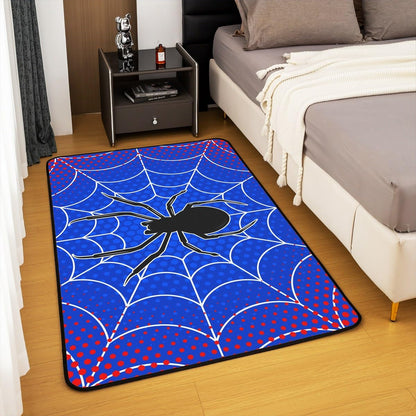 Spider Web Kids Area Rug,Black Spider Arachnid Insect Animals Indoor Floor Mat Entrance Rug for Boys Man Girls Women,Happy Halloween Non Slip Rug,Red Blue Fashion Couch Living Room Decor,3'x5'