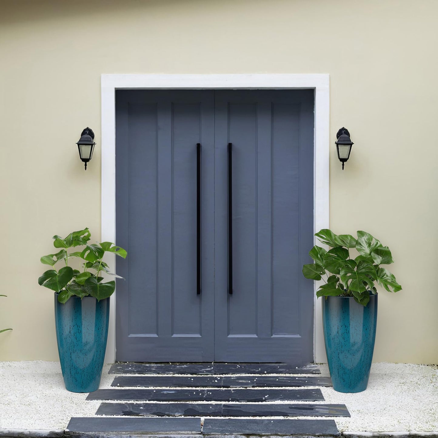 ZMTECH 21 Inch Tall Plant Pots for Indoor & Outdoor Use Set of 2, Large Plastic Planters with Removable Tray for Outside with Drainage Holes for Front Porch Patio Garden, Dark Teal Blue