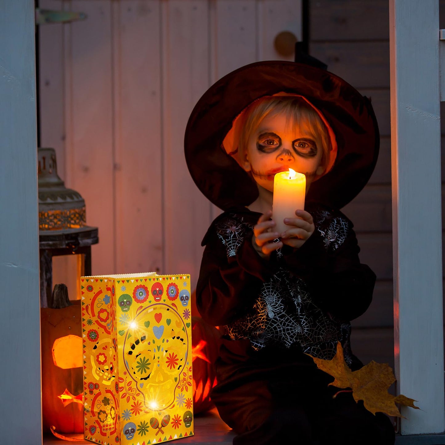 Ireer 30 Pieces Halloween Day of The Dead Luminary Bags - Dia De Los Muertos Candy Bag - Flame Resistant Candle Bag - Sugar Skull Gift Goodie for Mexican Fiesta Halloween Party Favors Supplies