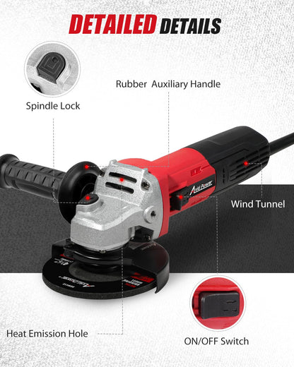 AVID POWER Angle Grinder, 7.5-Amp 4-1/2 inch Electric Grinder Power Tools with Grinding and Cutting Wheels, Flap Disc and Auxiliary Handle for Cutting, Grinding, Polishing and Rust Removal - Red