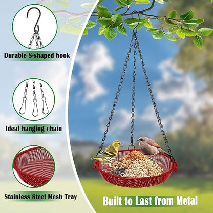 Hanging Bird Feeder for Outdoors – 9 in Metal Mesh Bird Feeder Tray Platform for Small Wild Birds, Red