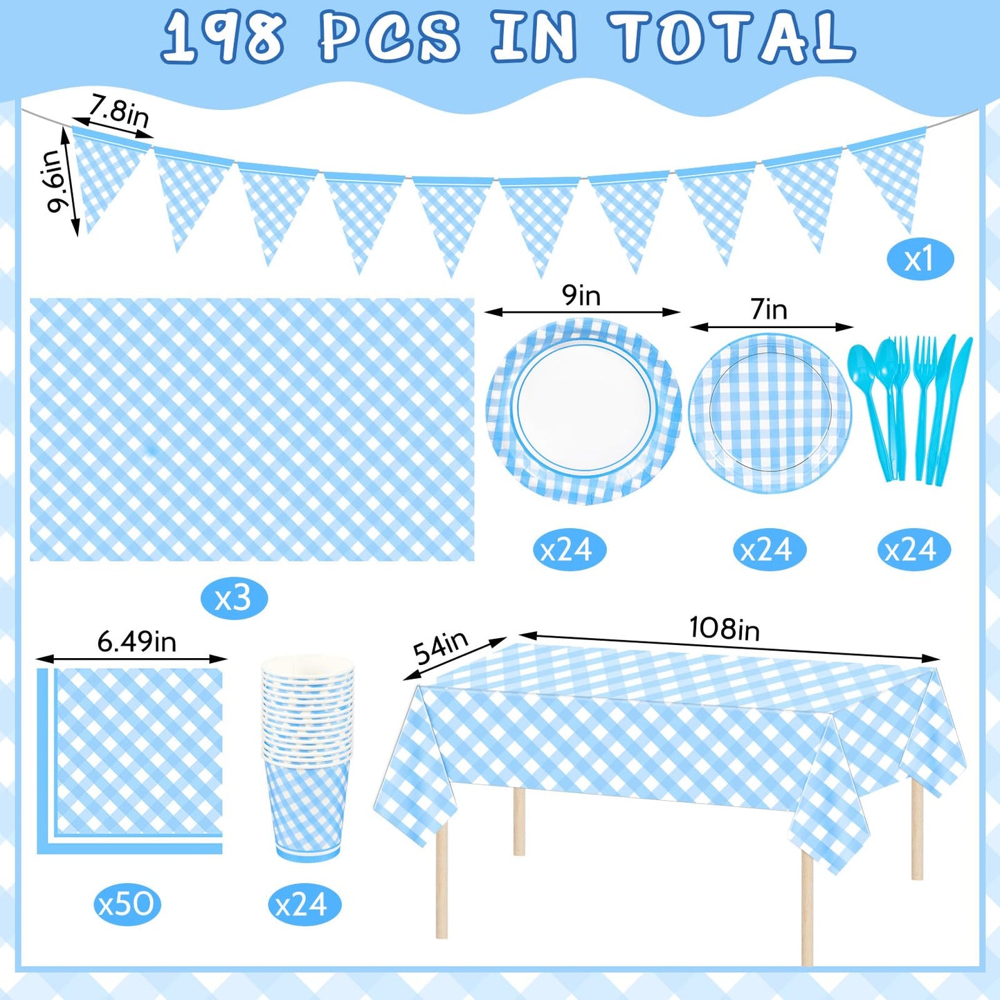 Preboun 198 Pcs Gingham Party Supplies for 24 Guests Checkered Plaid Tablecloth Pennant Banner Plate Cup Napkin and Cutlery for Picnic BBQ Birthday Baby Shower Party(Light Blue, White)