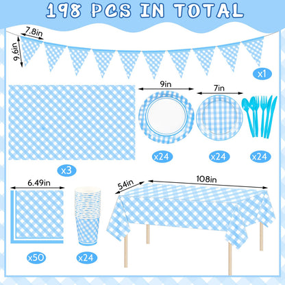 Preboun 198 Pcs Gingham Party Supplies for 24 Guests Checkered Plaid Tablecloth Pennant Banner Plate Cup Napkin and Cutlery for Picnic BBQ Birthday Baby Shower Party(Light Blue, White)