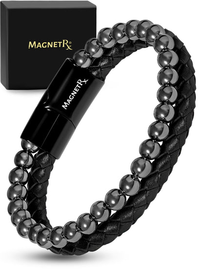 MagnetRX® Hematite & Leather Magnetic Bracelet – Max Strength Natural Stones – Beaded Magnetic Hematite Bracelets (Medium)