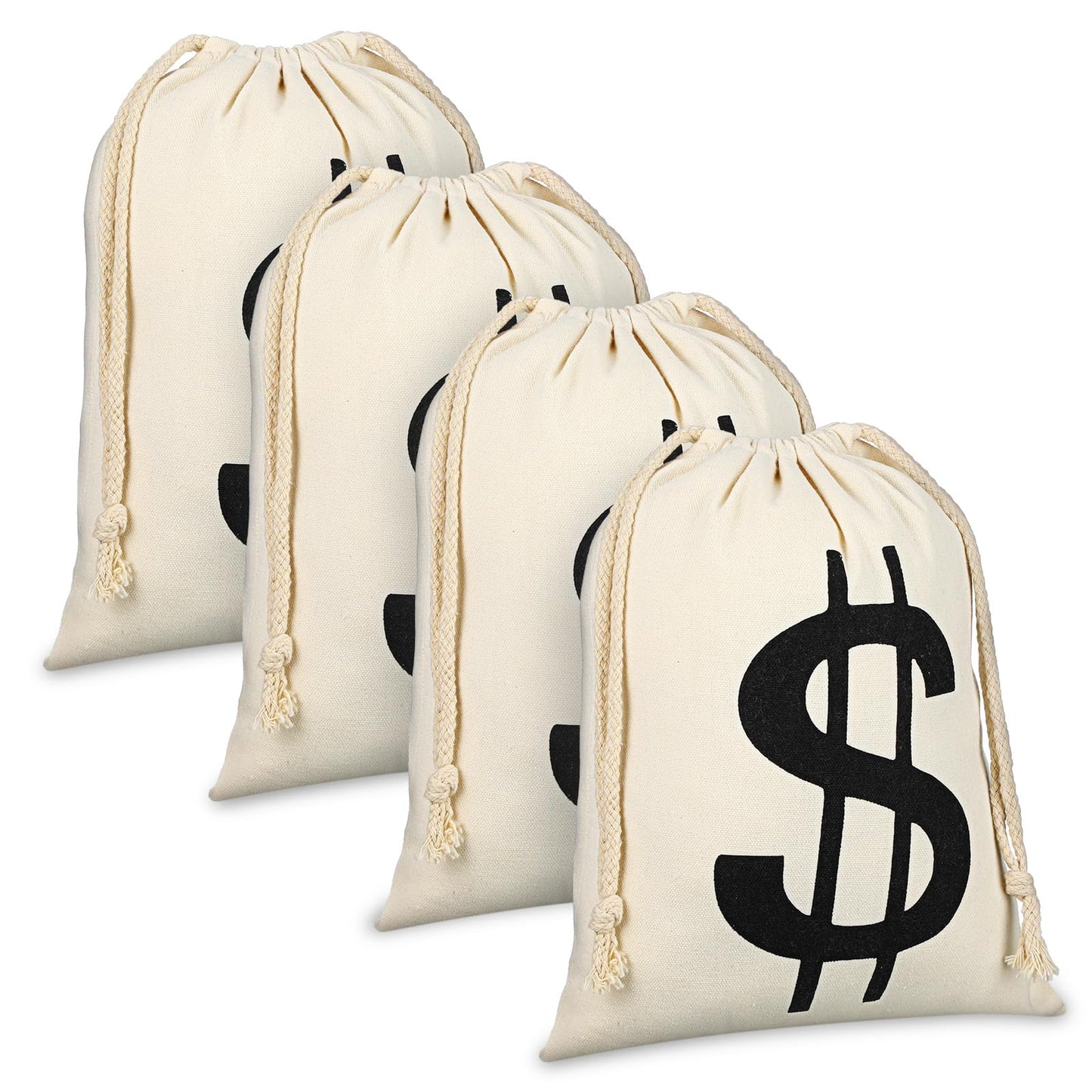 LEIFIDE 4 Pcs Canvas Money Bag Pouch with Drawstring Dollar Sign Carrying Sack Costume Props Canvas Coin Bag for Halloween Cosplay(6.3 x 9 Inch)