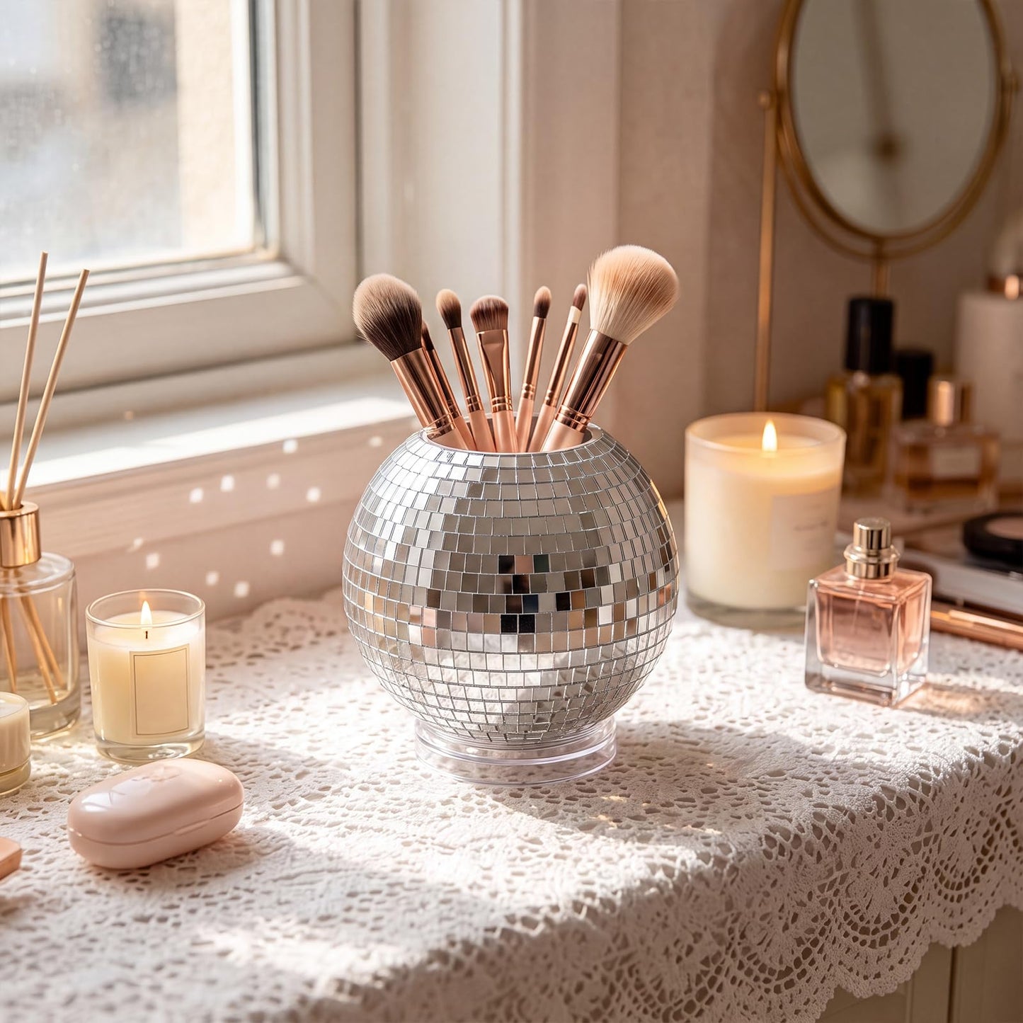 Gandeer 360 Degree Rotating Disco Ball Pencil Holder for Desk 4.5 Inch Back to School Desk Accessories Disco Pen Makeup Brush Organizer with Silver Sequins for Office Classroom Bedroom Decor
