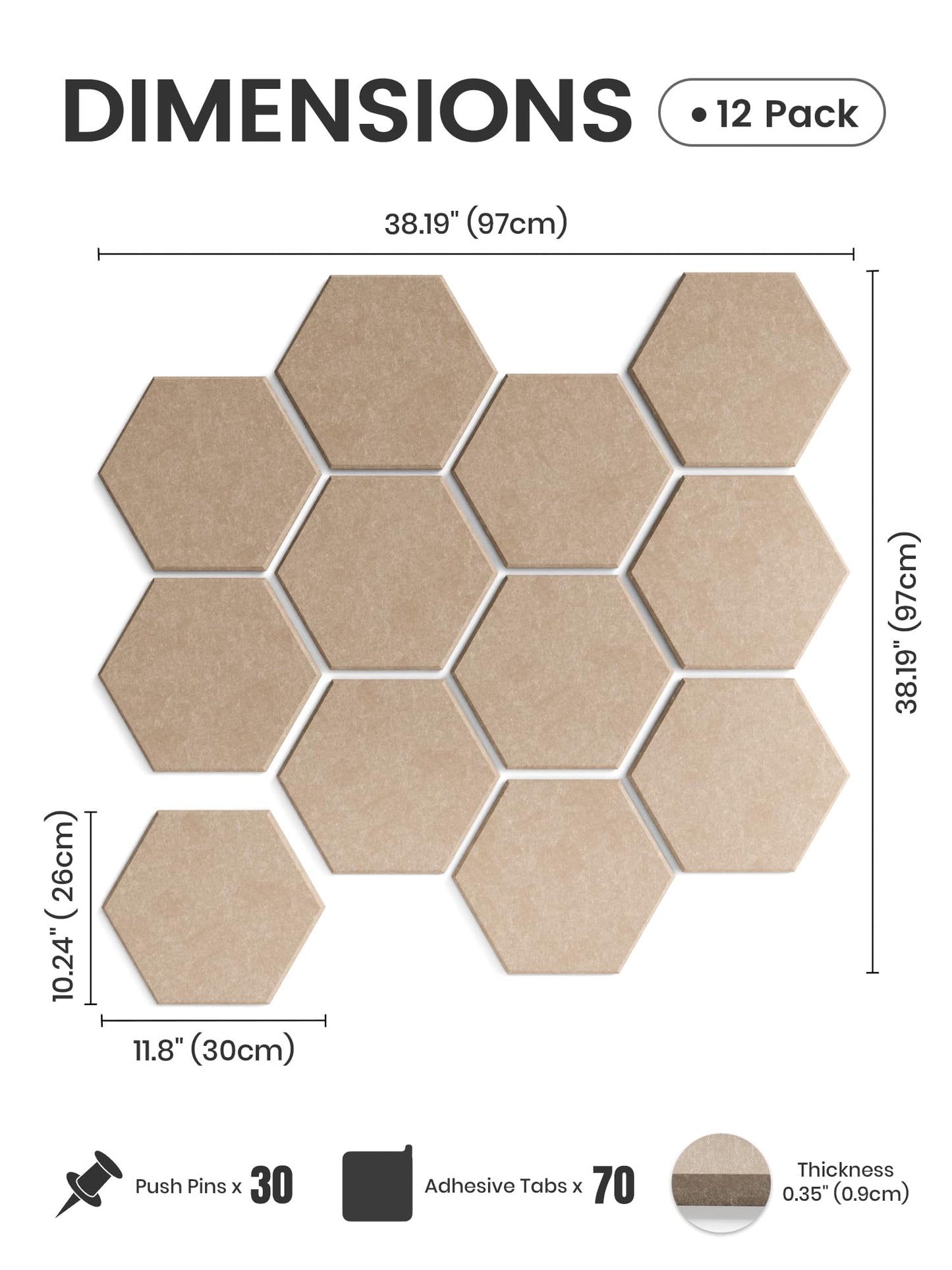 Fluxynara Hexagon Cork Board Alternative for Walls Decor-12-Pack Felt Bulletin Board Tiles,with 30 Pushpins,70 Adhesive Tabs for Office,Classrooms & Home Pin Board Felt Board-Taupe