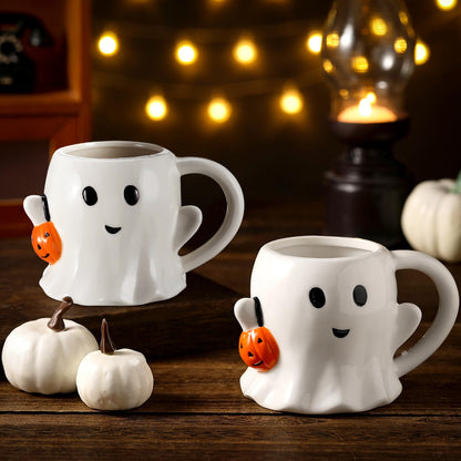 Yiyiring 2 Pcs 12 oz Halloween Ghost Mug Coffee Ceramic Boo Mug with Pumpkin Cute Ghost Face Cup with Handle for Halloween Party Decoration
