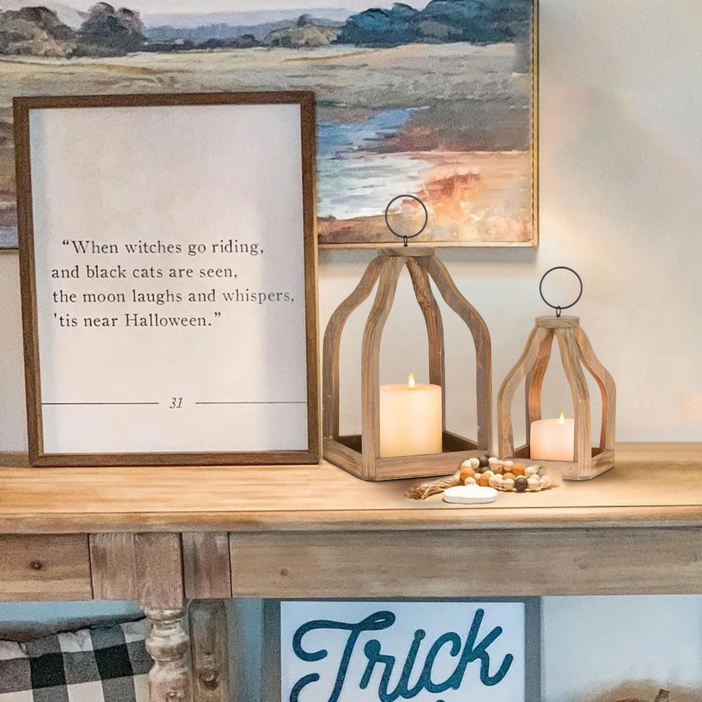 Staymoment Wood Lanterns Decorative Indoor: Farmhouse Hanging Candle Holder Set of 2 Brown Table Centerpiece Fireplace Mantle Shelf 11" & 8" Rustic Home Decor Fall Ornaments