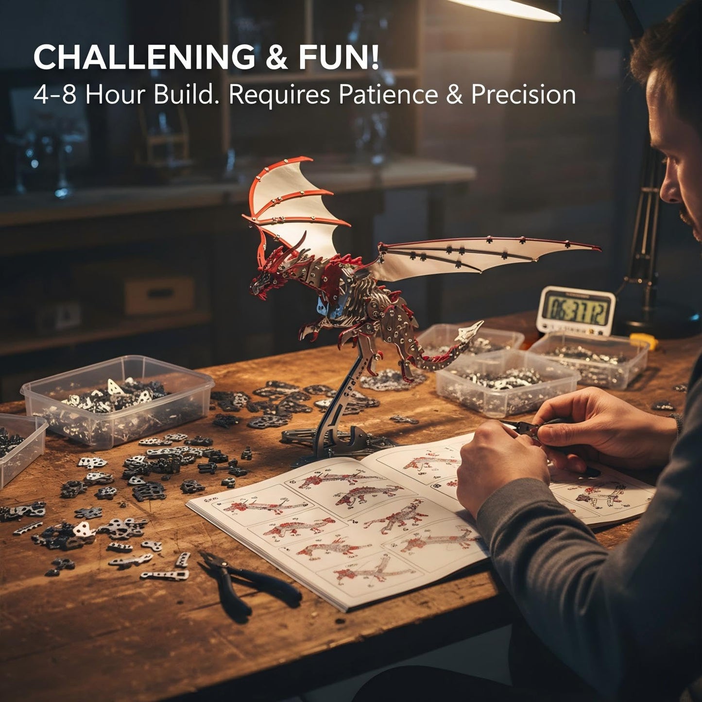 Dragon 3D Metal Puzzles for Adults, 373 PCS Stainless Steel DIY Mechanical Metal Model Kits,No Glue Assembly with Movable Joints,Challenging Metal Building Kit Desk Decor Gift(Silver Red Dragon)