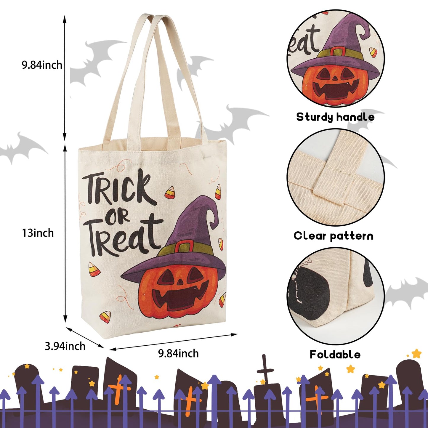 ATFUNSHOP 13.8" Large Halloween Tote Bag Trick or Treat 3 Pack Canvas Reusable Large Bucket with Handle for Kids
