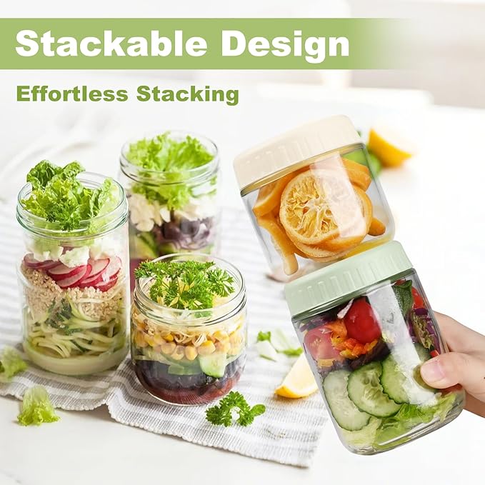 SHOWIN Overnight Oats Containers with Lids, 10oz Glass Jars with Lids 8 pcs, Light Green, Wide Mouth Mason jars for Salad, Yogurt, Snacks, Meal Prep