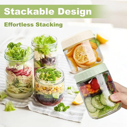 SHOWIN Overnight Oats Containers with Lids, 10oz Glass Jars with Lids 8 pcs, Light Green, Wide Mouth Mason jars for Salad, Yogurt, Snacks, Meal Prep