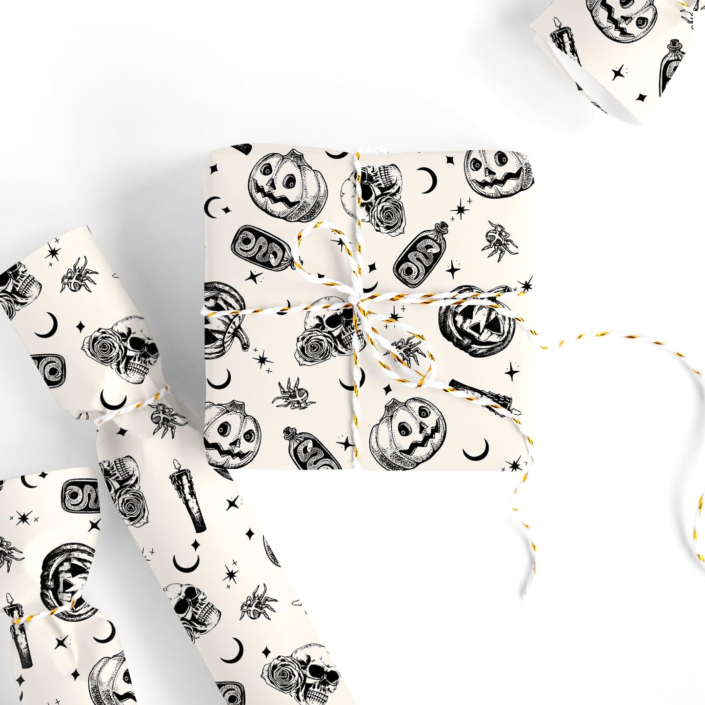 Whaline Halloween Wrapping Paper -Mini Roll- 17 In x 32.8 Ft Beige Black Skull Pumpkin Viper Gift Wrap Paper for Halloween Wrapping Supplies