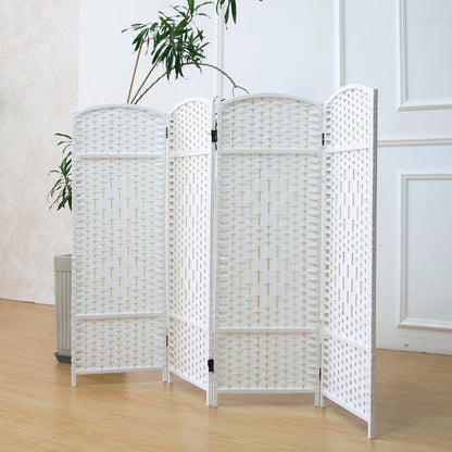 Furnnylane 4 Panel Rattan Divider Short Room Partition Screen,Double Sided Folding Divider for Room Separation,White,47.2" H x 63" W