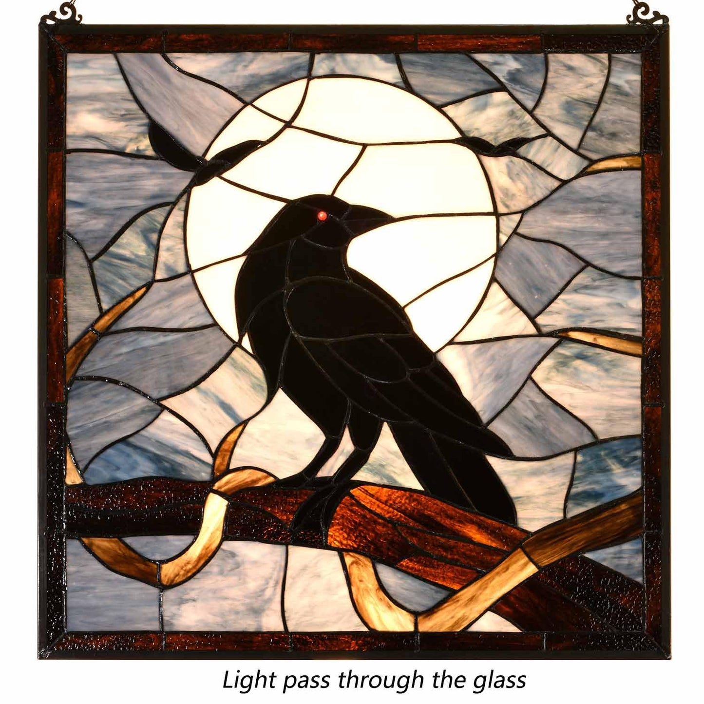 Bieye W10097 Tiffany Style Stained Glass Window Panel with Raven Sitting on Bare Tree Branch against Full Moon Scene for Halloween Decor (Dark Blue, 22" Wx22 H Square)