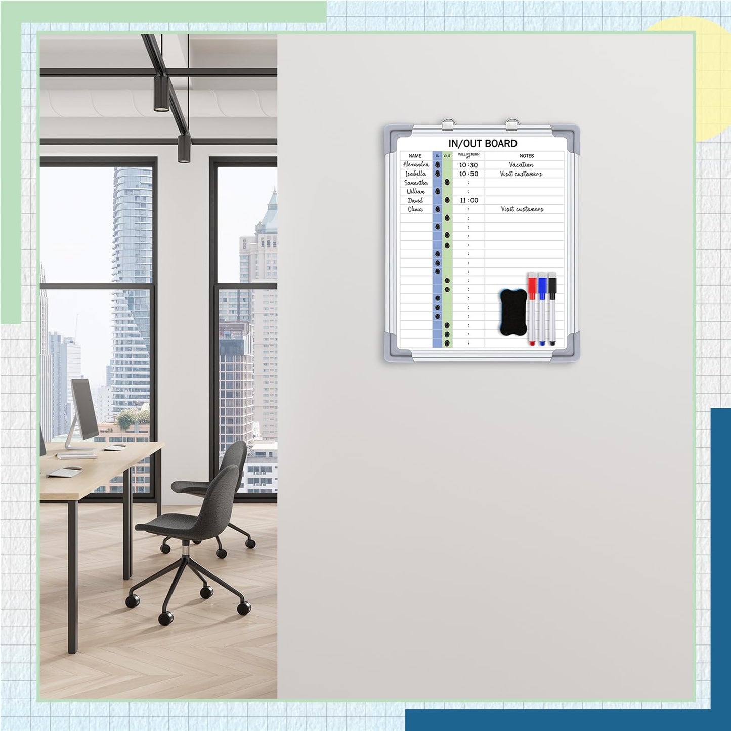 Lincia in and Out Magnetic Dry-Erase Board 16" x 12" Aluminum Framed White Board with Lines 21 Names with Magnetic Dry-Erase Marker, Eraser, and 20 Magnets Wall-Mounted for Office Employee