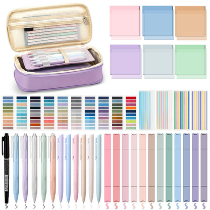 Trandraft 135 Pcs Book Annotation Kit with Pencil Case, 12 Pastel Highlighters, 11 Gel Pens, Fine Marker, 300 Transparent Sticky Notes, 2640 Index Tabs, Bible Study Supplies Kit(Classic,Purple)