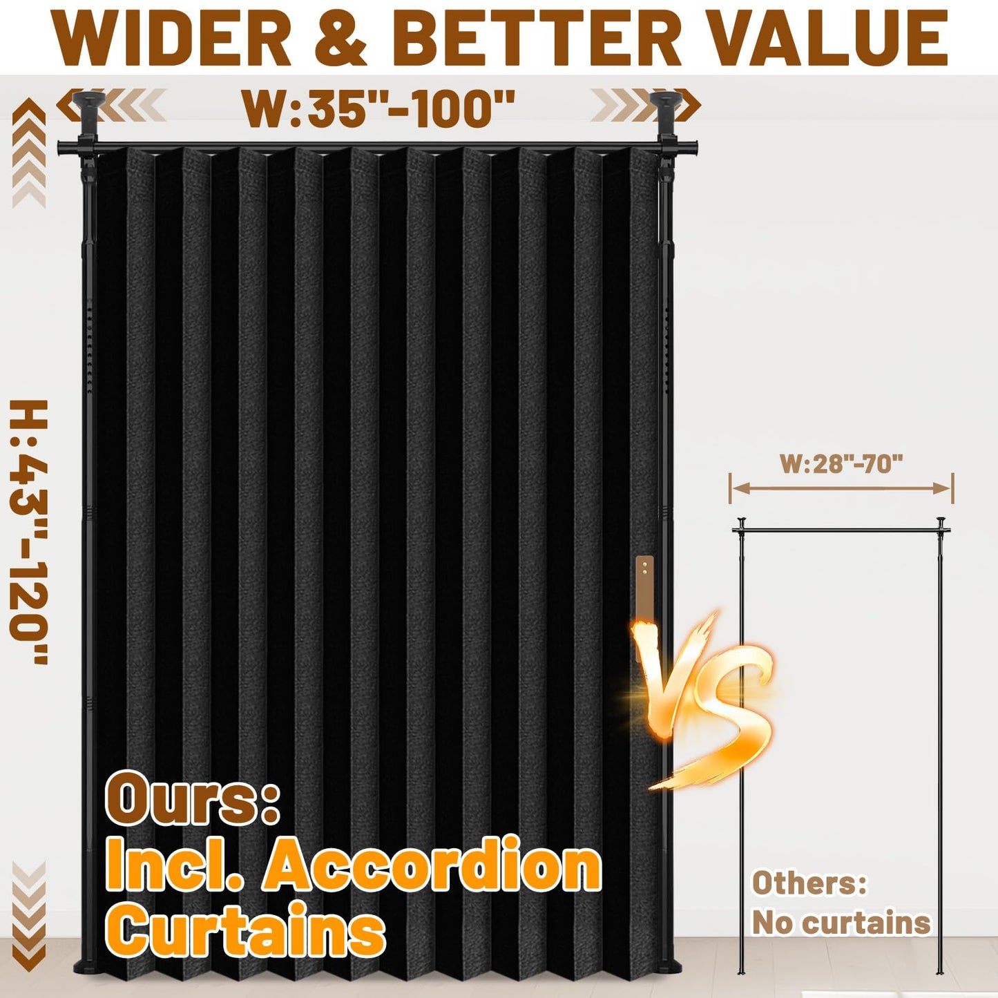 AJAZZ Room Divider Curtain (Black, W100 x L84 in, 1 Panel)+ Tension Curtain Rod No Drilling (H) 43-120×(W) 35-100 in, for Privacy/Soundproof Curtains, Heavy Duty Wall Separator