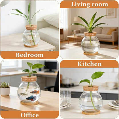 POPETPOP Desktop Glass Fish Bowl - Round Small Fish Tank with Wood Stopper & Bamboo Mat, Clear Glass Betta Fish Bowl for Succulent Plants, Hydroponic Air Plant (5.1X5.5 in)