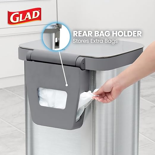 Glad 20 Gallon All Brushed Stainless Steel Trash Can with Clorox Odor Protection | Large Metal Kitchen Garbage Bin with Soft Close Lid, Garbage Bag Rings, Step On Foot Pedal and Waste Bag Roll Holder