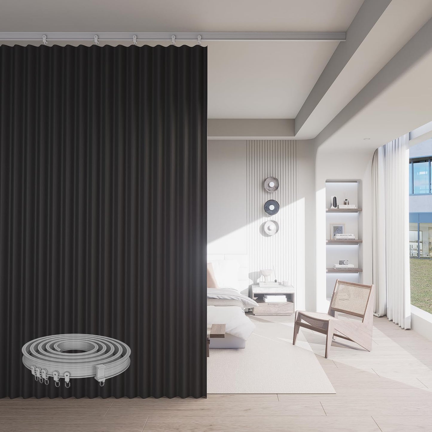Room Divider Blackout Curtains w/Bendable Ceiling Track,Soundproof,Black