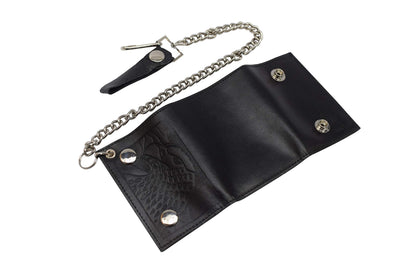 MARSHAL Men's Genuine Leather Black Trifold Wallet with Chain Biker Trucker Motorcycle (Eagle Black)