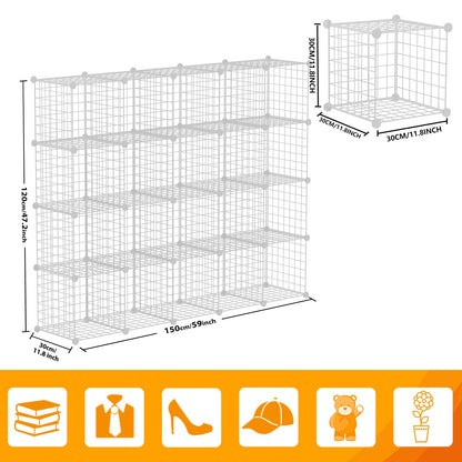 HUBSON Wire Cube Storage Organizer, Book/Toy/Craft/Potted Plants and petCloset Organizers and Storage Shelves, 20-Cube Freely Combinable Metal Grids Storage Shelf, White Iron