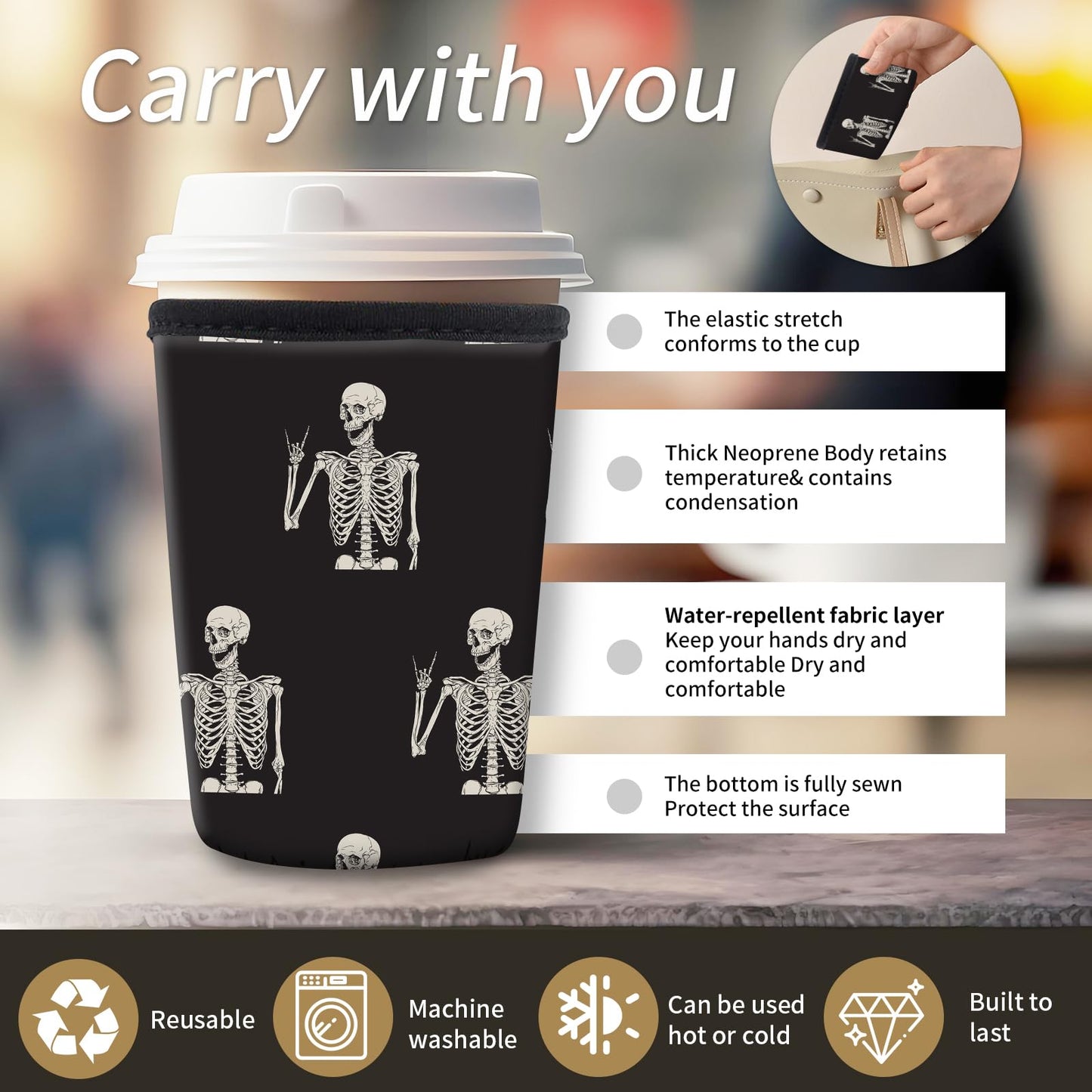 AMZXCFGL 3 Pack Reusable Neoprene Insulator Sleeve for Iced Coffee Cups, Cute Funny Coffee Cup Sleeve, Universal Fit 16-32oz Cups for Hot Cold Beverages Cute Skull