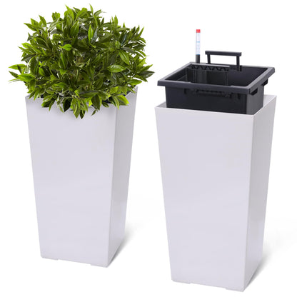 BouPower 22.5" Tall Planters for Outdoor Plants Set of 2 – High Front Porch Planter with Water Level Monitor, Drainage Holes, Inner Bucket – Ideal for Garden, Porch, Patio, Indoor & Outdoor
