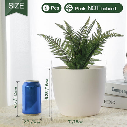 T4U 7 Inch Self Watering Planters Plastic Plant Pot, Modern Decorative Flower Pot/Window Box for All House Plants, Flowers, Herbs, African Violets, Succulents - White, Set of 6