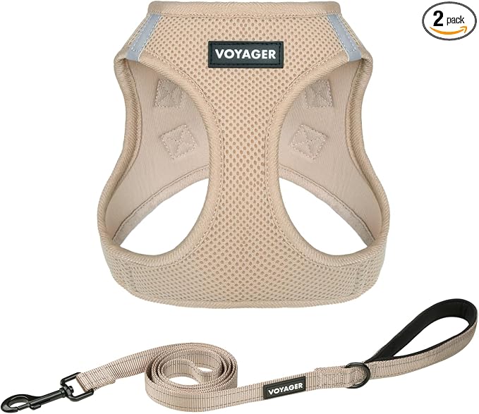 Best Pet Supplies Voyager Step-in Air All Weather Mesh Harness and Reflective Dog 5ft Leash Combo with Neoprene Handle, for Small, Medium and Large Breed Puppies - Khaki, M