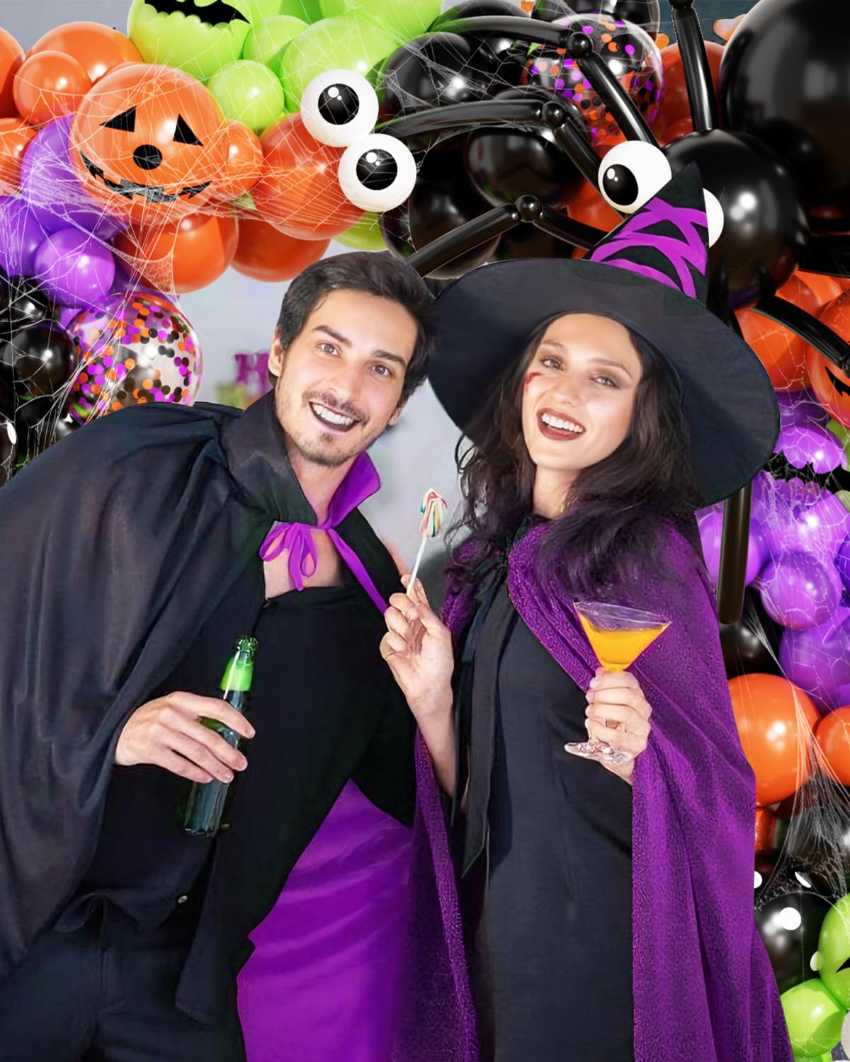 136Pcs Halloween Balloon Garland Arch Kit with Purple Black Orange Green Eyes Balloons, Bats, Spider Web for Halloween Party Decorations