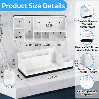 Bathroom Counter Organizer, White Silicone Toothbrush Holders for Bathrooms Organizer Countertop with 3PCS Qtip Holder, Toothbrush and Toothpaste Holder for Bathroom Organization Storage Vanity