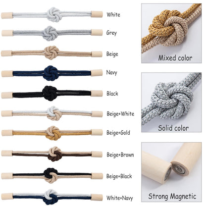 Contoeey Magnetic Curtain Tiebacks Holdbacks - Wood Tie Backs Rope Holder with Floral Knot Design for No Drill Easy Install, Modern Boho Home Decor (4Pack, Beige+Black)