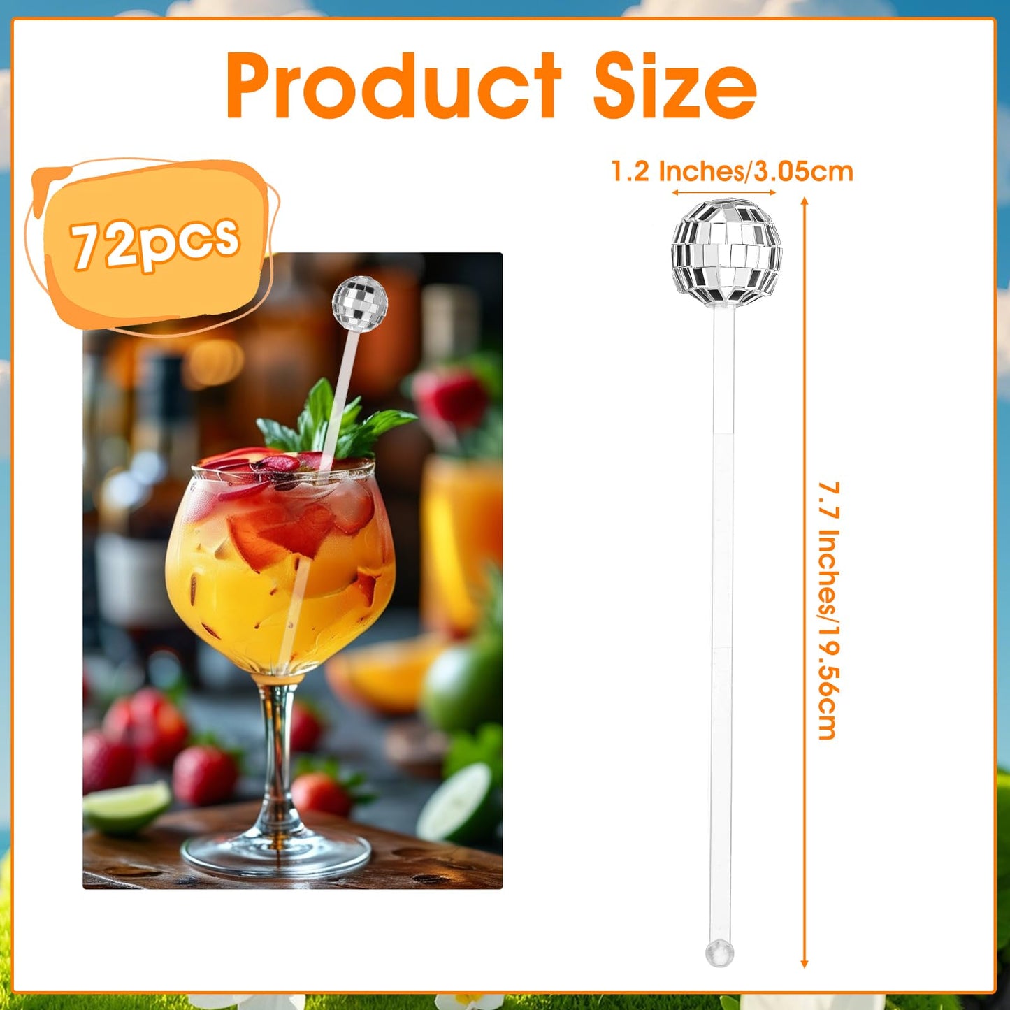 72 Pcs Disco Balls Cocktail Stirrers, Plastic Round Top Swizzle Sticks Mirror Disco Ball Stir Sticks Decorative Straws Drink Stirrers for 70s 80s Theme Party, Home Bar, Coffee Shop, Wedding (Silver)