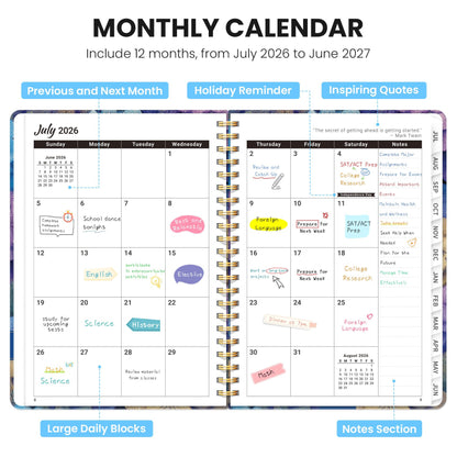 Academic Planner 2026-2027, Monthly and Weekly Calendar Planner, July 2026 - June 2027, Pretty Hardcover Teacher Student Planning Agenda Book with Tabs, Fit for School Office Supplies, 6.3" x 8.5", Hydrangea Hideaway