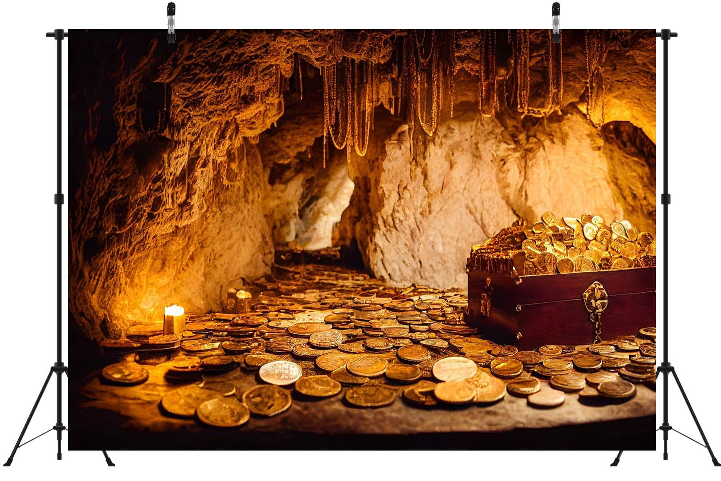BELECO 10x6.5ft Fabric Mountain Cave Treasuer Chest Backdrop Antique Treasure with Gold Coins Jewelry Background Pirate Theme Party Decorations Halloween Trunk or Treat Decor Photoshoot Studio Props