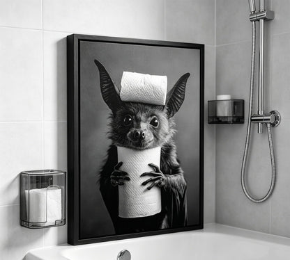 Funny Bat Bathroom Framed Wall Art, Black and White Cute Bat with Toilet Paper Wall Decor, Humorous Animal Bathroom Canvas Print for Restroom, Powder Room, Toilet, Home Decoration 8x10 Inch