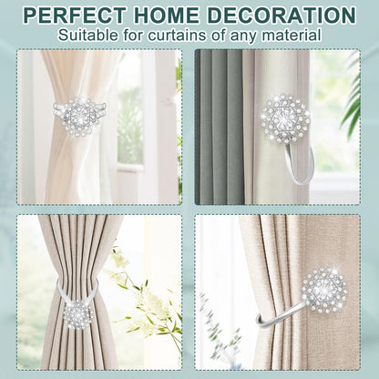 AULEEP Magnetic Curtain Tiebacks, 4 Pack Magnetic Crystal Decorative Drapes Curtain Clips Buckle, Flower Curtain Tie Back, European and American Style (Silver)