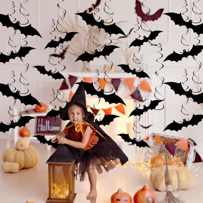 32 Pcs Halloween Bat Hanging Swirls Decorations, Black Bat Ceiling Streamers with Foil Spirals, Halloween Party Decor for Ceiling Window Porch Classroom Office Haunted House