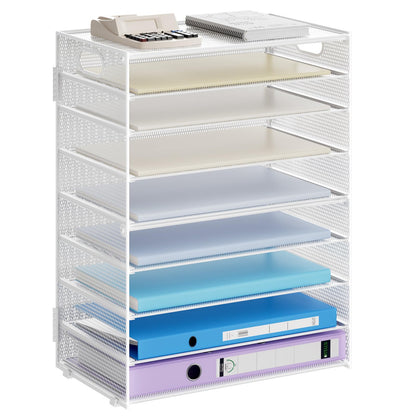 Marbrasse Paper Organizer Letter Tray, 9 Tier Mesh File Organizer with Handle, Paper Sorter Desk Organizer for Home Office Supplies - White