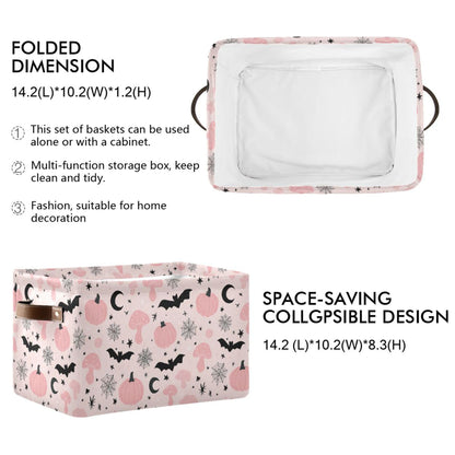 Happy Halloween Pink Storage Basket with Waterproof Liner and PU Handles Pumpkin Bat Moon Mushroom Storage Bins Boxes 14.2" Collapsible Decorative Organizer Baskets for Bedroom Closet Office 1 Pack