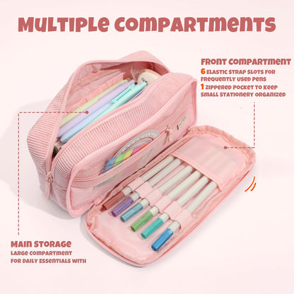 SUNEE Pencil Case, Large Capacity Pencil Pouch, Aesthetic Big Pen Bag, Soft Corduroy Pen Box for Office Stationery Organizer School Supplies Multifunctional for Teen Boys Girls Women Men, Soft Pink