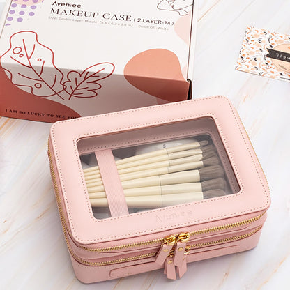 Aveniee XL Clear Makeup Organizer,Double Layer Travel Cosmetic Case with Brush Holder & Zippered Compartments, Large Toiletry Bag Train Case for Women.2 Layers, Pink