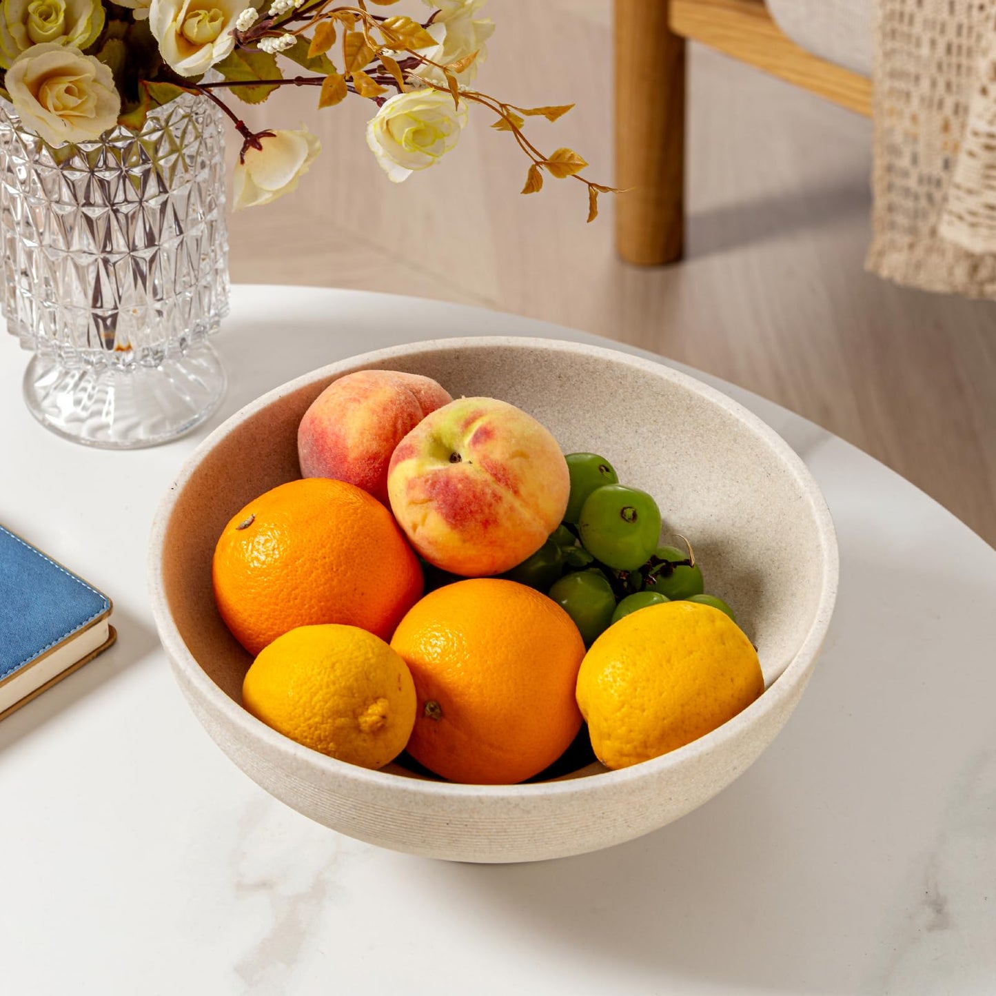 WUUAHOME Large Decorative Fruit Bowl for Kitchen Counter, Sandstone Look Modern Minimalist Snack Candy Bowl for Table Centerpiece Decor, Home, Office, Hotel, Entryway (Beige)