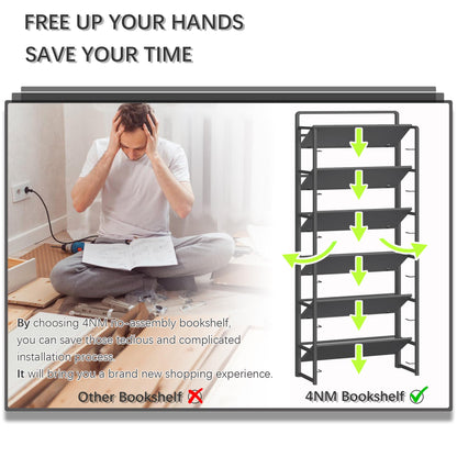 4NM No Assembly 6 Tiers Folding Bookshelf Storage Shelves Vintage Bookcase Standing Racks Study Organizer Home Office (All Black)